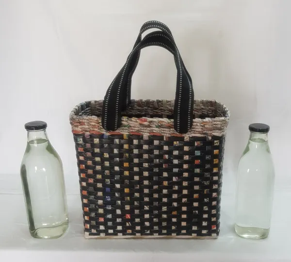 Paperus_Medium_Black_Check_Lunch_Bag,_Tiffin_Basket,_Eco-friendly,_Handmade_11_Inch_Tall_12_Inch_Length_6_Inch_Wide_Base