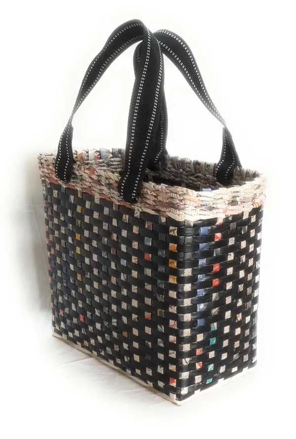 Paperus_Medium_Black_Check_Lunch_Bag,_Tiffin_Basket,_Eco-friendly,_Handmade_11_Inch_Tall_12_Inch_Length_6_Inch_Wide_Base