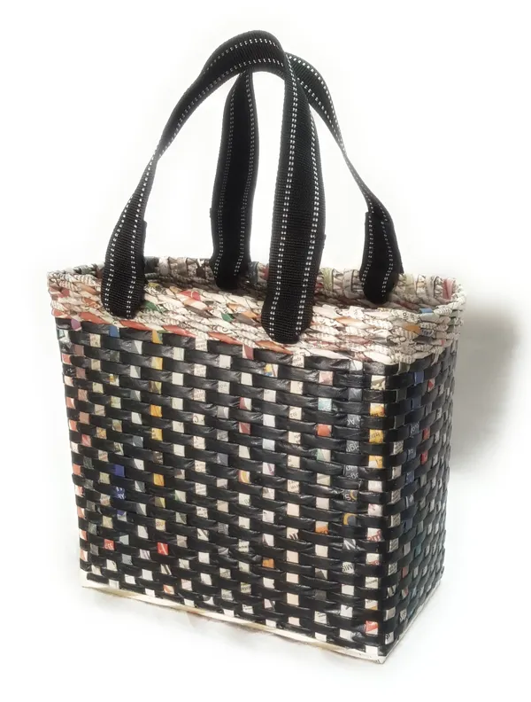 Paperus_Medium_Black_Check_Lunch_Bag,_Tiffin_Basket,_Eco-friendly,_Handmade_11_Inch_Tall_12_Inch_Length_6_Inch_Wide_Base