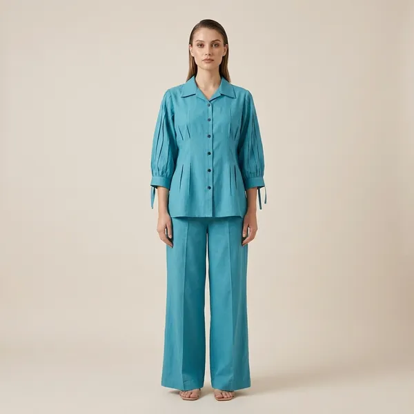 Turquoise_Roman_Silk_Relaxed_Fit_Button_Front_Co-Ord_Set_For_Women