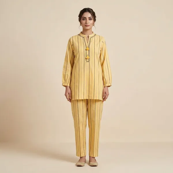 Yellow_Rayon_Striped_Straight_Kurta_Pant_Co-Ord_Set_For_Women