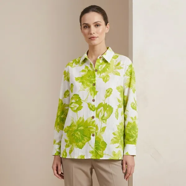 White_Green_Floral_Cotton_Blend_Relaxed_Fit_Full_Sleeve_Shirt_For_Women