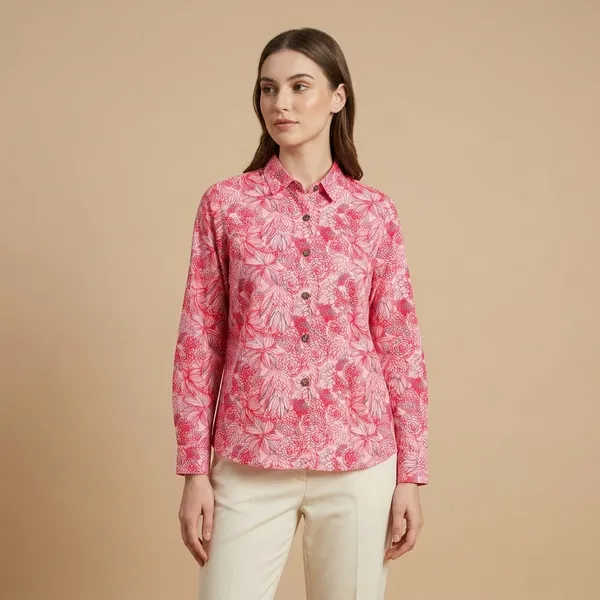 Pink_Floral_Cotton_Blend_Relaxed_Fit_Button_Down_Shirt_For_Women