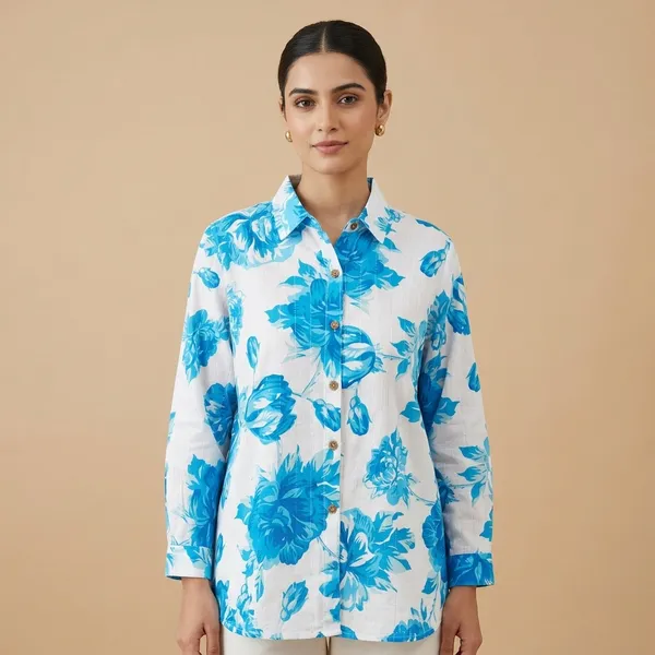 White_Blue_Cotton_Blend_Floral_Print_Shirt_For_Women
