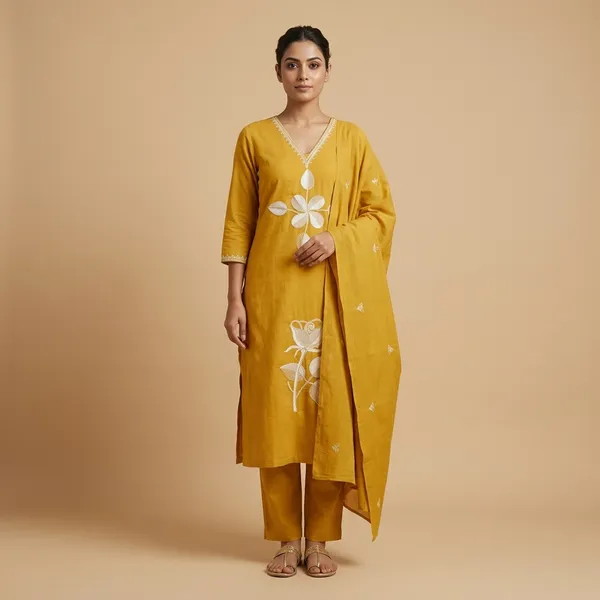Yellow_Cotton_Straight_Embroidered_Suit_Set_For_Women