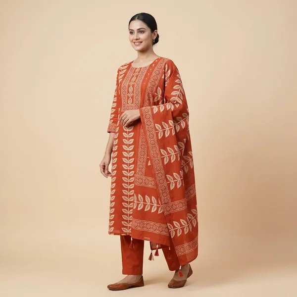 Red_Cotton_Leaf_Motif_Printed_Suit_Set_For_Women