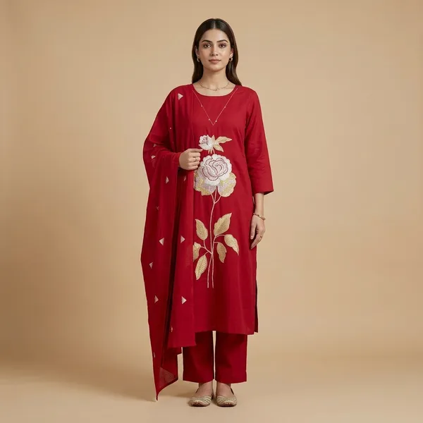 Red_Cotton_Straight_Embroidered_Kurta_With_Dupatta_For_Women