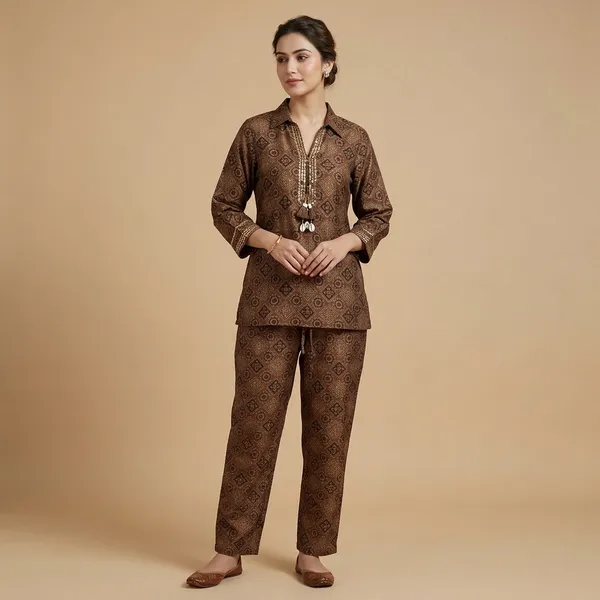 Brown_Muslin_Straight_Geometric_Printed_Kurta_Co-Ord_Set_For_Women
