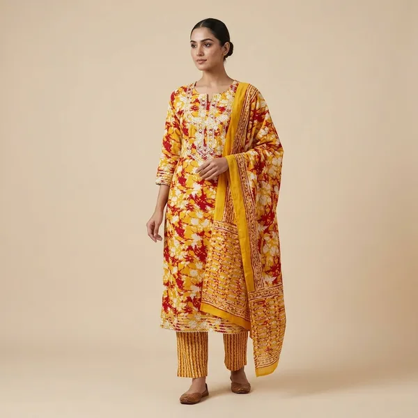 Yellow_Cotton_Printed_Embroidered_Suit_Set_For_Women