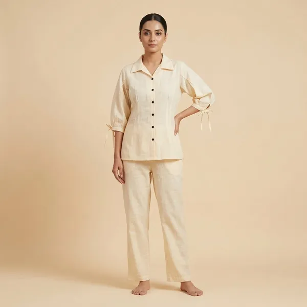 Cream_Roman_Silk_Shirt_Style_Relaxed_Co-Ord_Set_For_Women