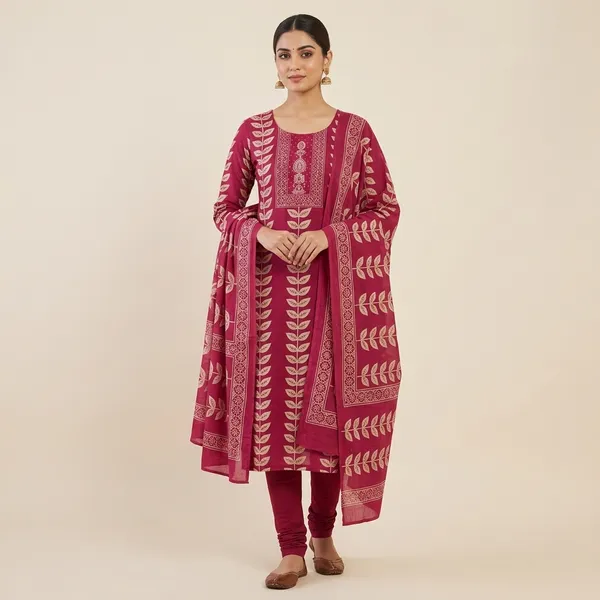 Green_Cotton_Leaf_Motif_Geometric_Printed_Suit_Set_For_Women