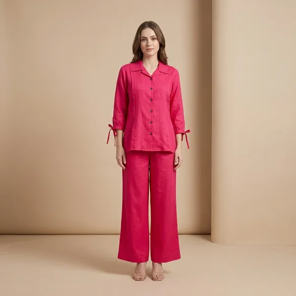 Pink_Roman_Silk_Relaxed_Fit_Shirt_And_Cropped_Pants_Set_For_Women