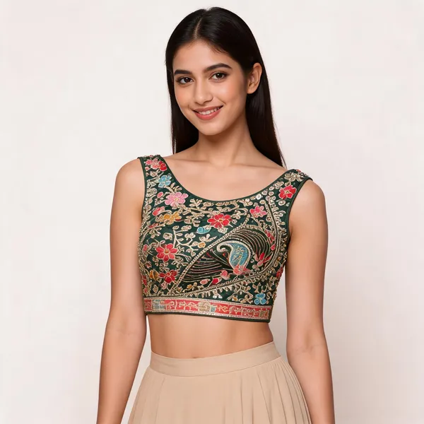 Dark_Green_Satin_Embroidered_Ethnic_Fancy_Blouse_For_Women