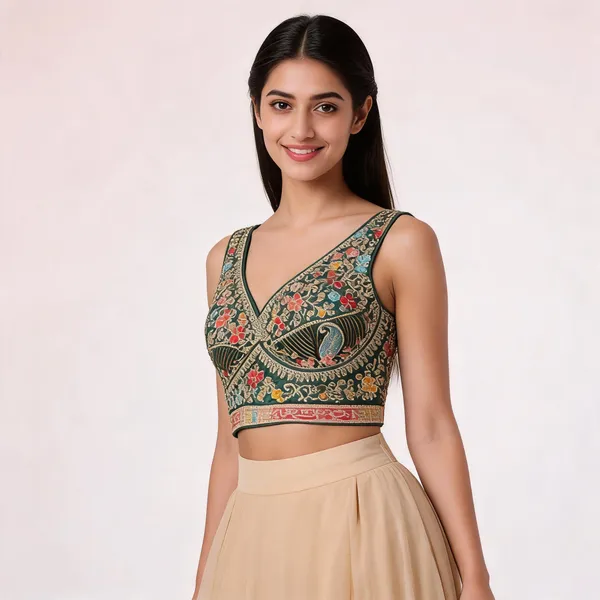 Dark_Green_Satin_Embroidered_Ethnic_Fancy_Blouse_For_Women