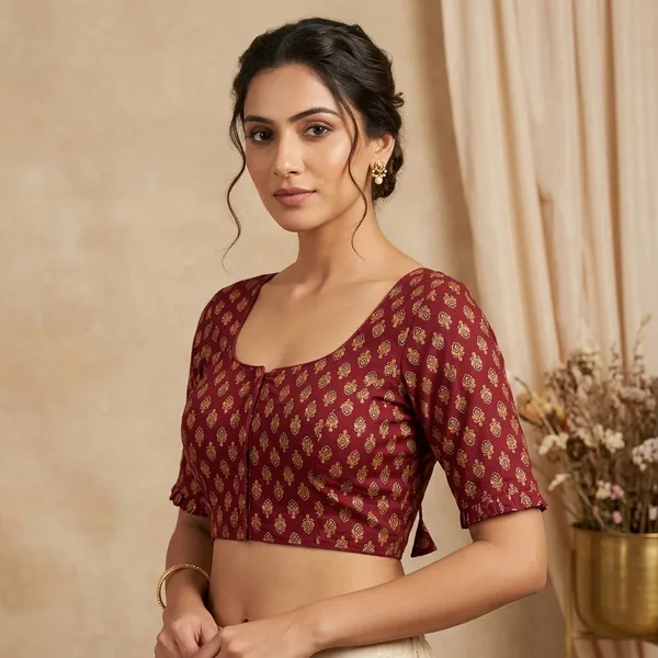 Maroon_Cotton_Floral_Print_Tie-Up_Fancy_Blouse_For_Women