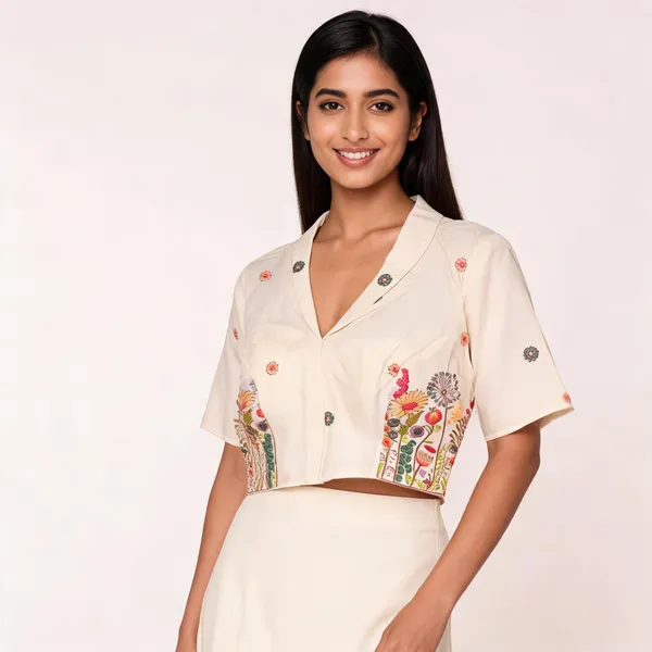 Cream_Cotton_Short_Sleeve_Floral_Embroidered_Fancy_Blouse_For_Women