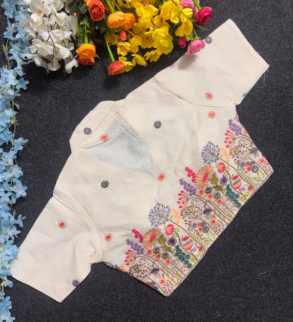 Cream_Cotton_Short_Sleeve_Floral_Embroidered_Fancy_Blouse_For_Women