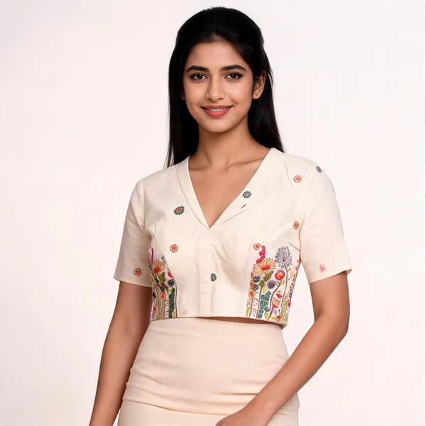Cream_Cotton_Short_Sleeve_Floral_Embroidered_Fancy_Blouse_For_Women