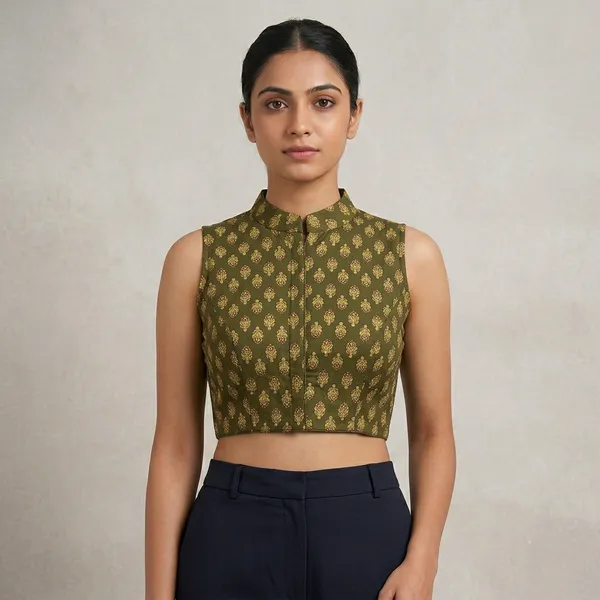 Olive_Green_Cotton_Sleeveless_Printed_Fancy_Blouse_For_Women