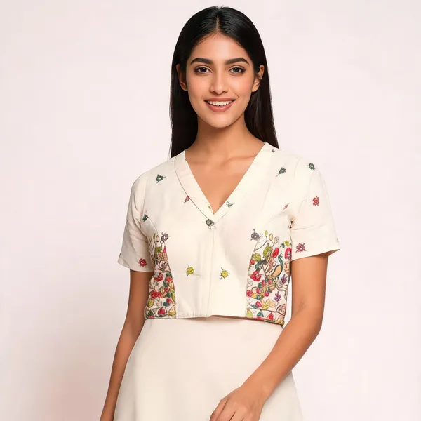 Cream_Cotton_Short_Sleeve_Embroidered_Fancy_Blouse_For_Women