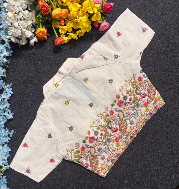 Cream_Cotton_Short_Sleeve_Embroidered_Fancy_Blouse_For_Women