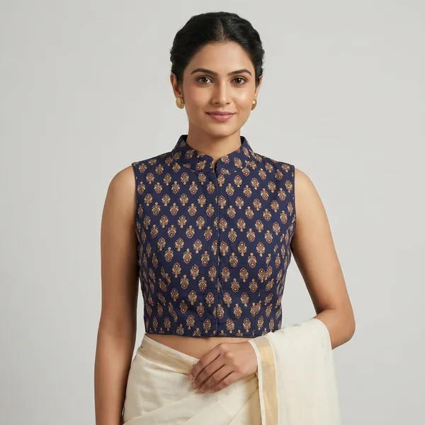 Navy_Blue_Cotton_Sleeveless_Printed_Fancy_Blouse_For_Women