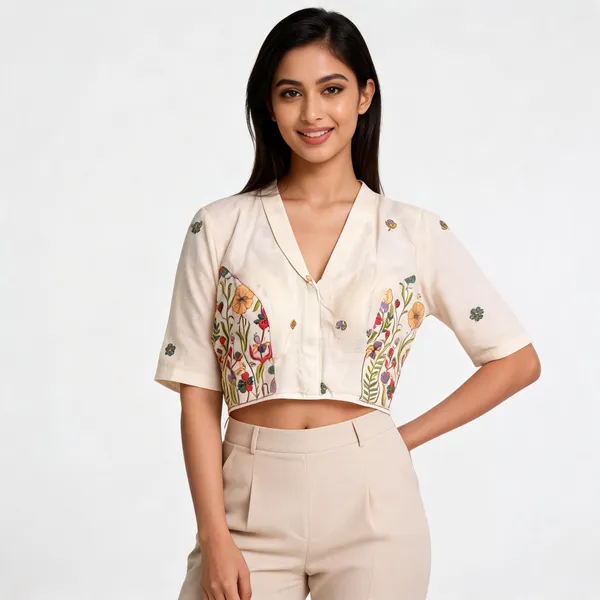 Cream_Cotton_Floral_Embroidered_Front-Open_Fancy_Blouse_For_Women