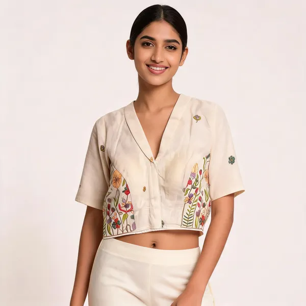Cream_Cotton_Floral_Embroidered_Front-Open_Fancy_Blouse_For_Women
