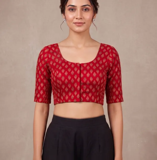Red_Cotton_Puff_Sleeve_Floral_Printed_Fancy_Blouse_For_Women