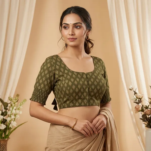 Olive_Green_Cotton_Floral_Print_Tie-Up_Fancy_Blouse_For_Women