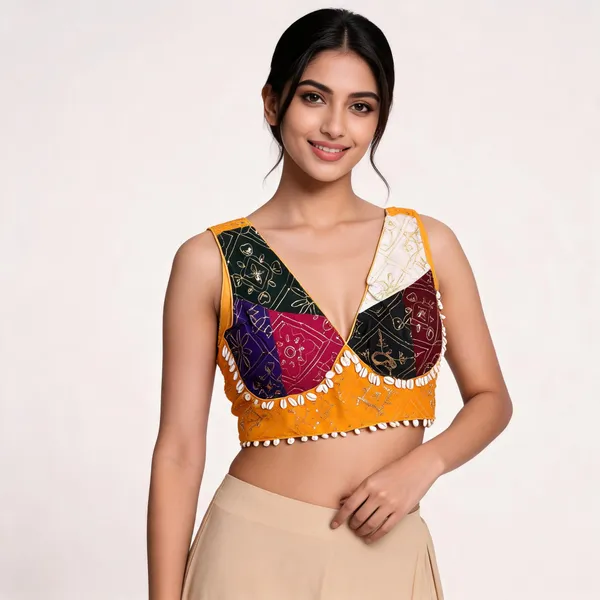 Orange_Georgette_Sleeveless_Embroidered_Fancy_Blouse_For_Women