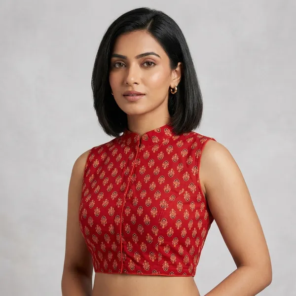 Red_Cotton_Sleeveless_Floral_Print_Fancy_Blouse_For_Women