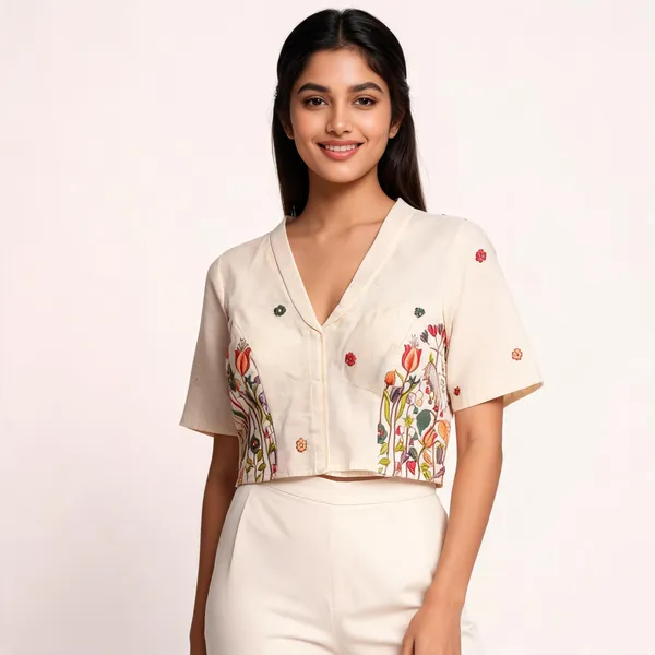 Cream_Cotton_Short_Sleeve_Floral_Embroidered_Fancy_Blouse_For_Women