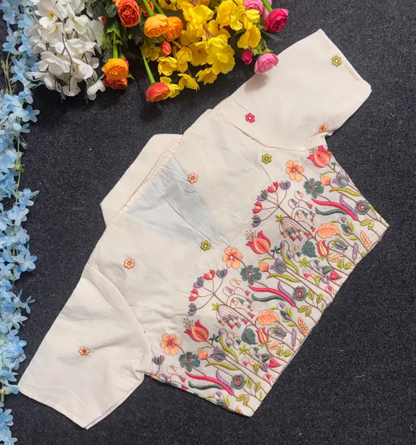 Cream_Cotton_Short_Sleeve_Floral_Embroidered_Fancy_Blouse_For_Women
