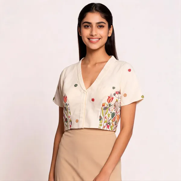 Cream_Cotton_Short_Sleeve_Floral_Embroidered_Fancy_Blouse_For_Women