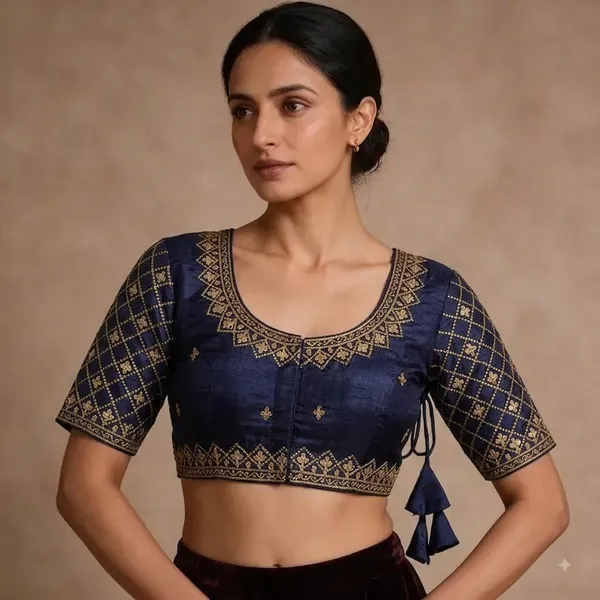 Navy_Blue_Textured_Embroidered_Blouse_for_Women