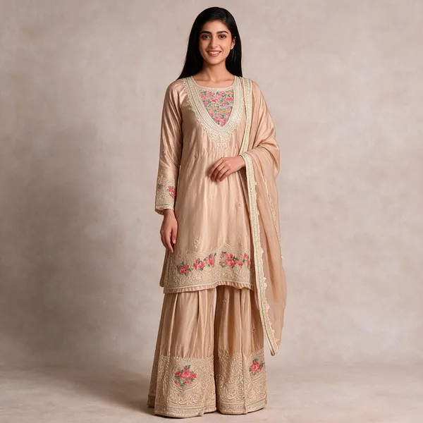 Cream_Silk_Embroidered_Ethnic_Sharara_Set_For_Women