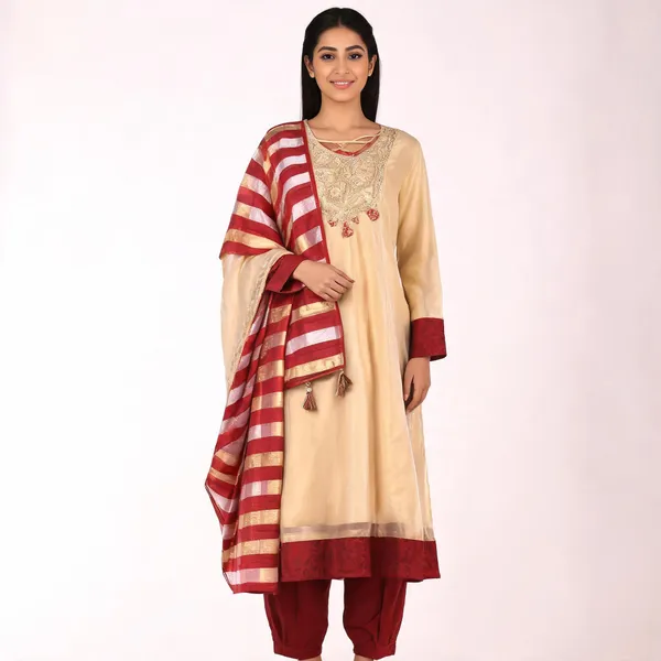 Red_And_Cream_Tissue_Relaxed_Anarkali_Suit_Set_For_Women