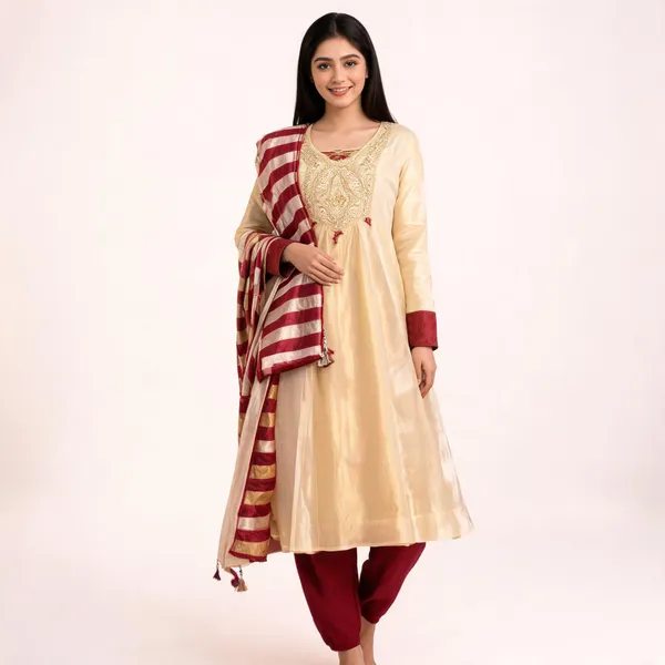 Red_And_Cream_Tissue_Relaxed_Anarkali_Suit_Set_For_Women
