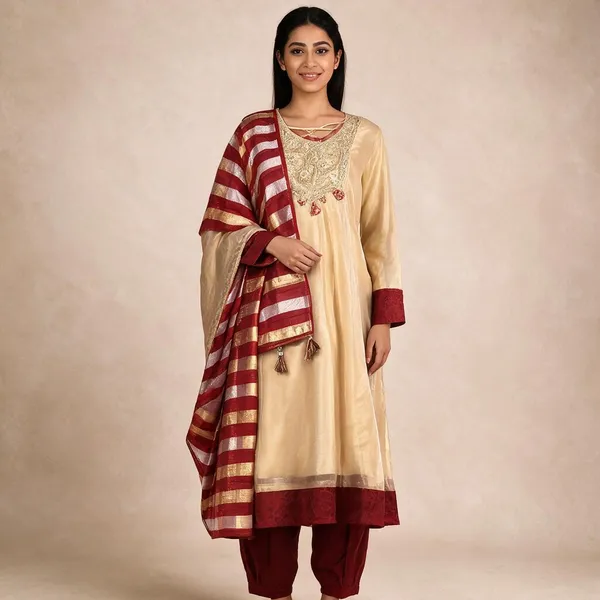 Red_And_Cream_Tissue_Relaxed_Anarkali_Suit_Set_For_Women
