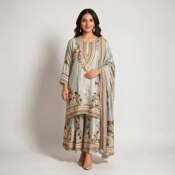 White_Silk_Floral_Tiered_Gharara_Set_For_Women