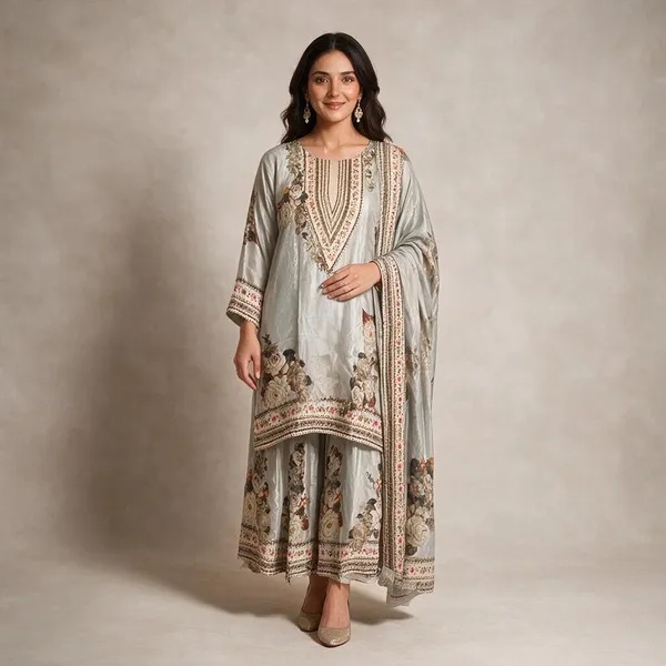 White_Silk_Floral_Tiered_Gharara_Set_For_Women