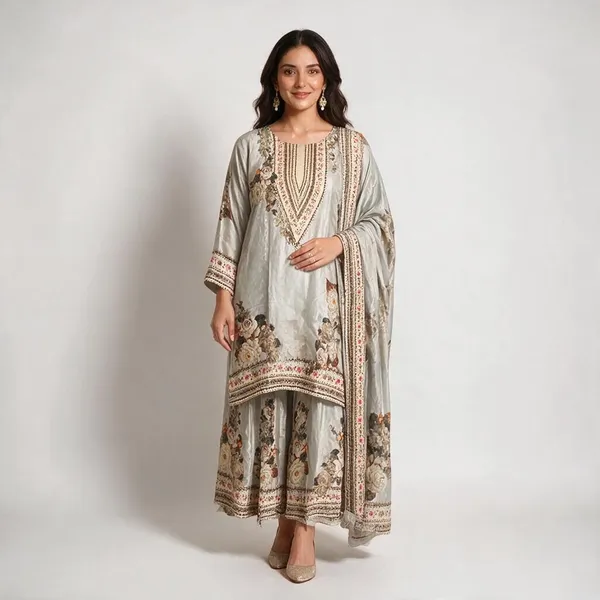 White_Silk_Floral_Tiered_Gharara_Set_For_Women
