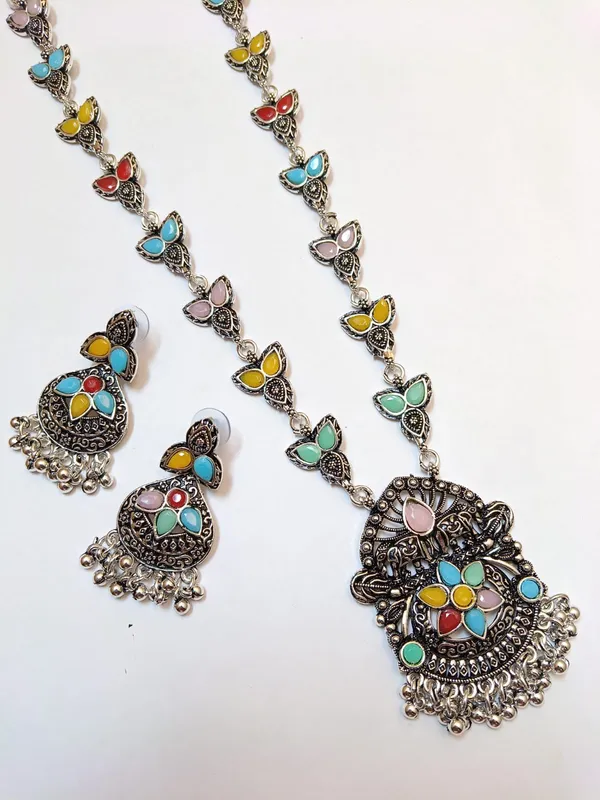 Pastel_Multicolor_Floral_Oxidised_Necklace_&_Earring_Set