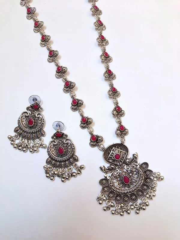 Ruby_Red_Stone_Oxidised_Necklace_&_Earring_Set