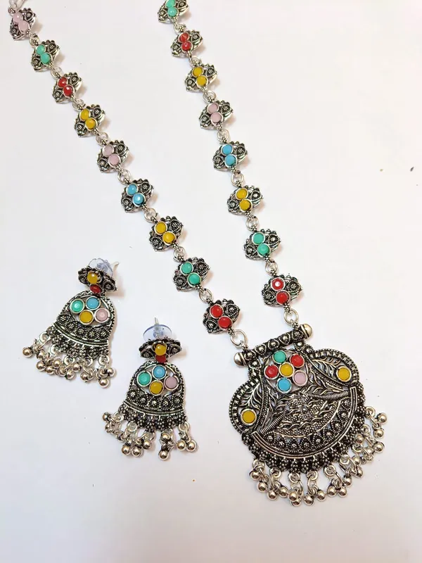 Pastel_Multicolor_Floral_Oxidised_Necklace_&_Earring_Set