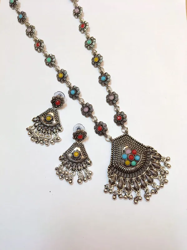 Multicolor_Floral_Bell_Oxidised_Necklace_&_Earring_Set
