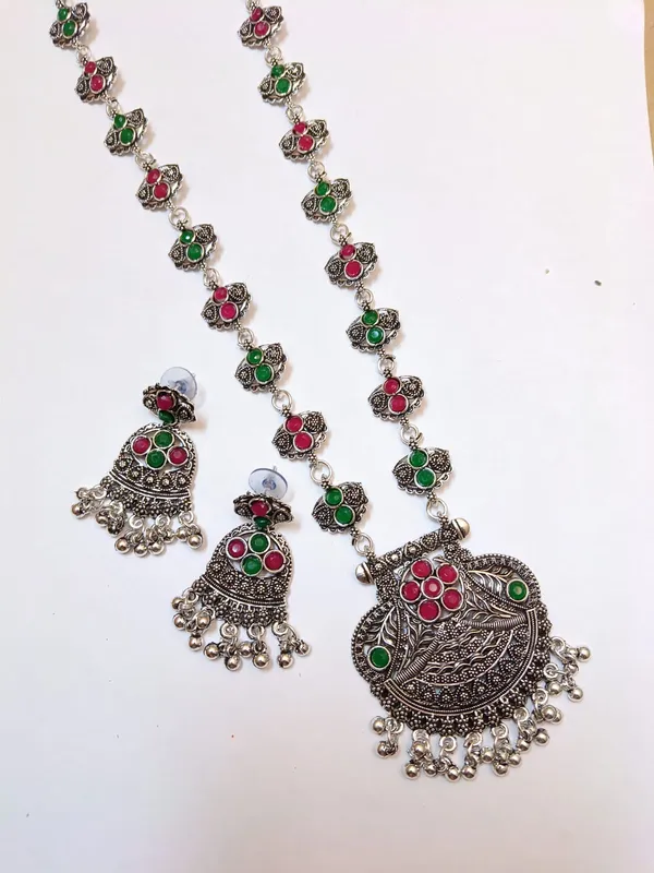 Rajwadi_Ruby_&_Emerald_Peacock_Oxidised_Jewellery_Set