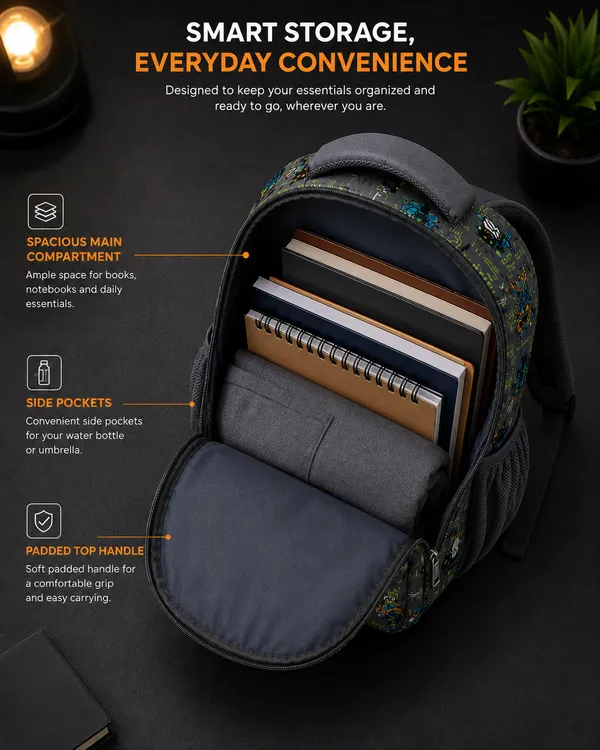 Grey_Polyurethane_Geometric_Print_Multi-Compartment_Backpack