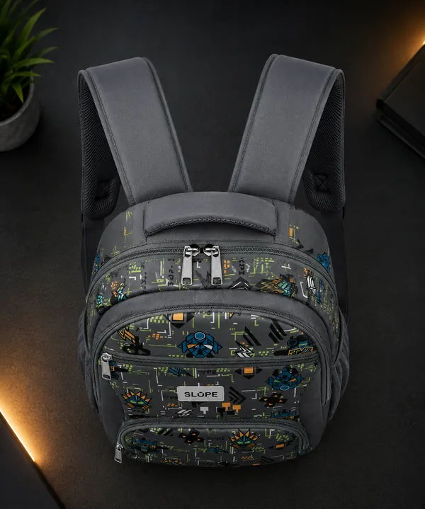 Grey_Polyurethane_Geometric_Print_Multi-Compartment_Backpack
